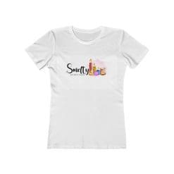 White t-shirt with Smelty colorful logo design