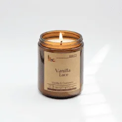 Scented candle in amber glass jar
