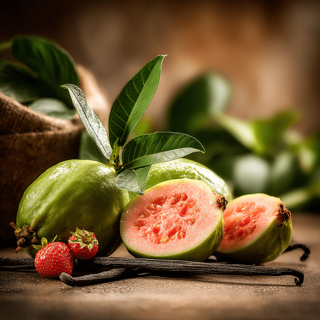 Guava Fruits And Leaves On Rustic Table Representing Goiaba Candle Fragrance