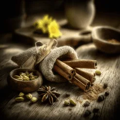 Cinnamon and spice scented candle in amber jar with cinnamon sticks