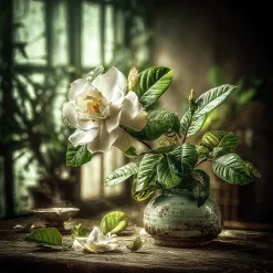 Gardenia candle with gardenia and green leaf scent in amber jar