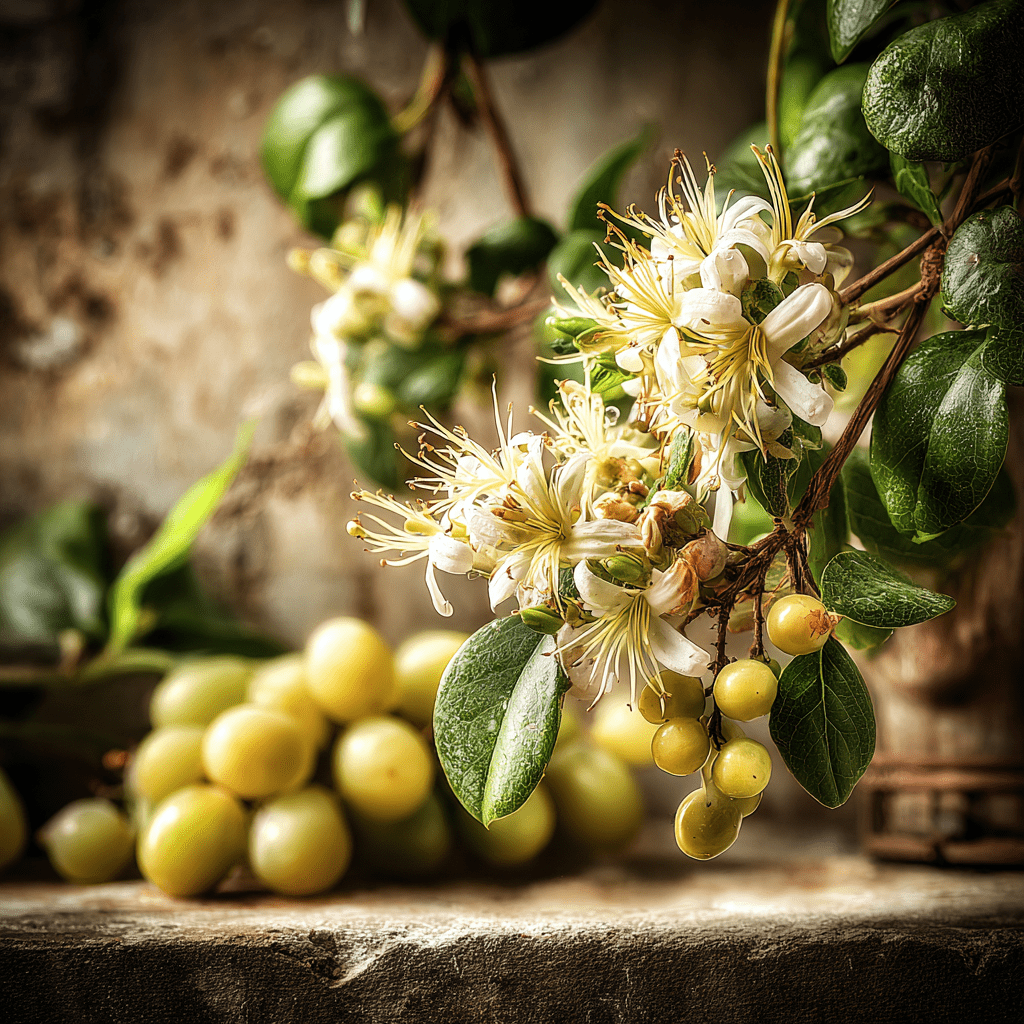 Photo Of Grapes And Honeysuckle Blossoms In Warm Light Representing The Japanese Honeysuckle &Amp; Grapes Candle Scent.