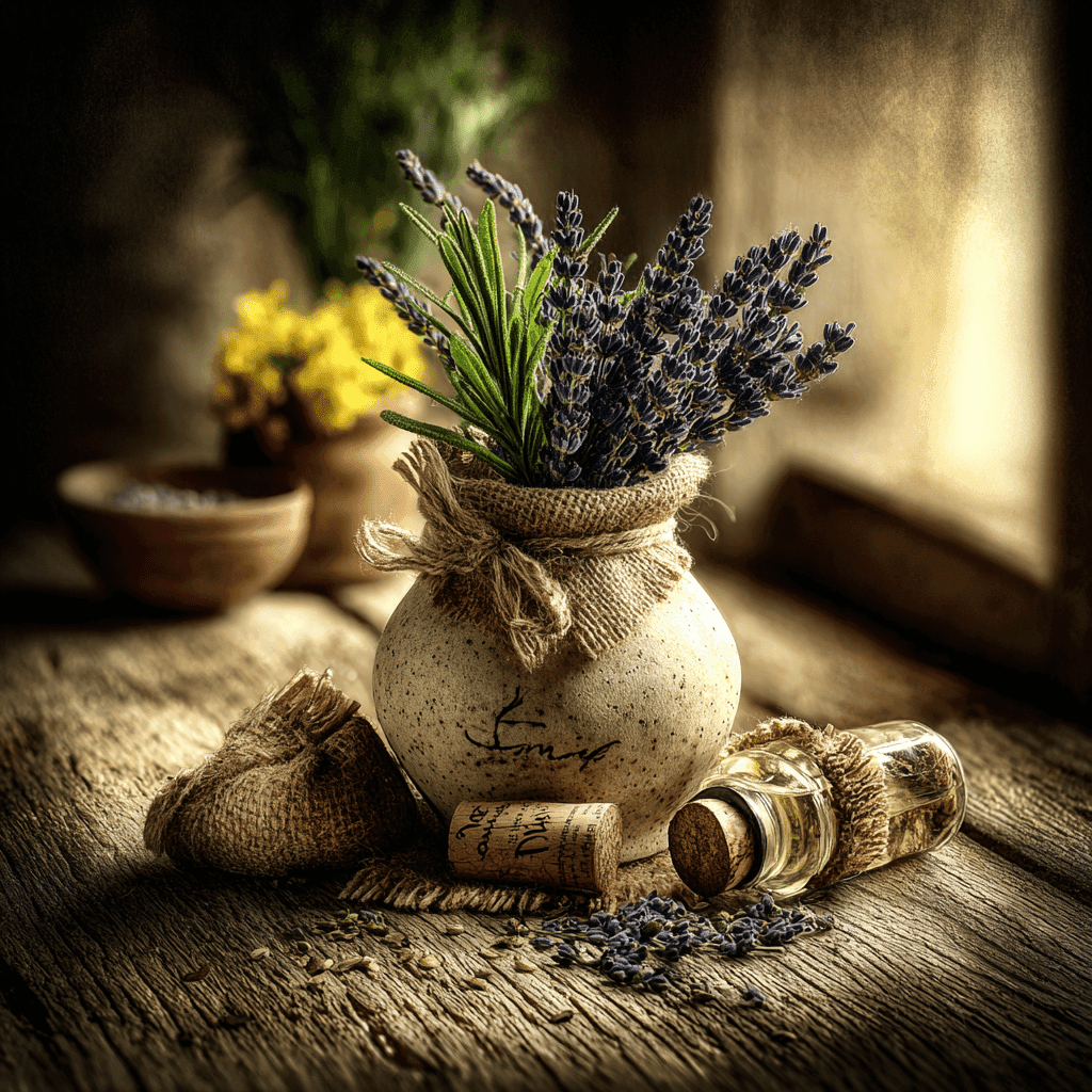 Lavender Candle With Lavender And Herbs Scent In Amber Jar On Table
