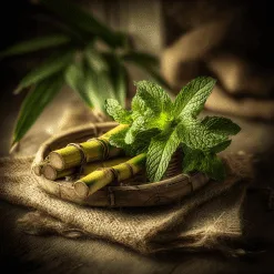 Sprigs of spearmint and bamboo stalks arranged on a rustic plate representing the Watermint candle scent