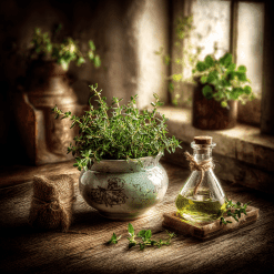 Time candle with thyme and olive leaf scent in amber jar among herbs and oil