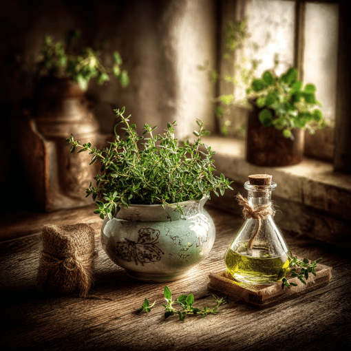 Time Candle With Thyme And Olive Leaf Scent In Amber Jar Among Herbs And Oil