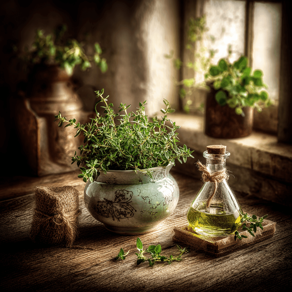 Time – Thyme &Amp; Olive Leaf 2 Time Candle With Thyme And Olive Leaf Scent In Amber Jar Among Herbs And Oil