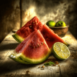 Watermelon and lime candle theme with slices of ripe watermelon and fresh lime on a rustic table