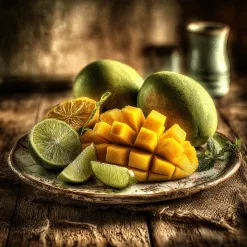 Sliced mango and lime on a rustic plate representing the Mango Tango candle scent