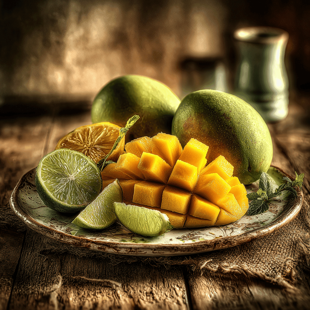 Sliced Mango And Lime On A Rustic Plate Representing The Mango Tango Candle Scent