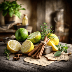 Italian Coast candle product image with sliced limes, lemons and cinnamon sticks on a rustic surface with herbs.
