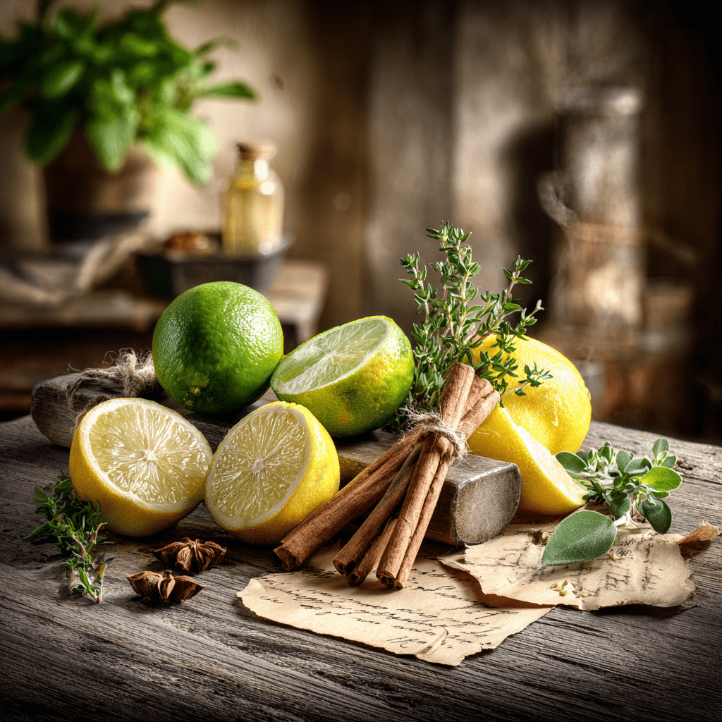 Italian Coast - Lime &Amp; Wood 2 Italian Coast Candle Product Image With Sliced Limes, Lemons And Cinnamon Sticks On A Rustic Surface With Herbs.