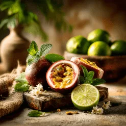 Hometown passionfruit and lime soy candle product image with tropical fruits