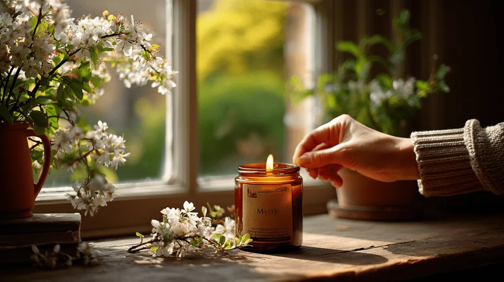 Woman Lighting Candle By Window.