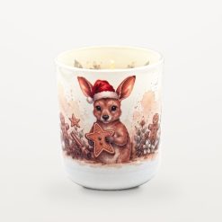 Kangaroo Hansel & Gretel's House candle with the lid off, showing the candle inside and watercolour eucalyptus leaves printed around the inside rim of the jar.