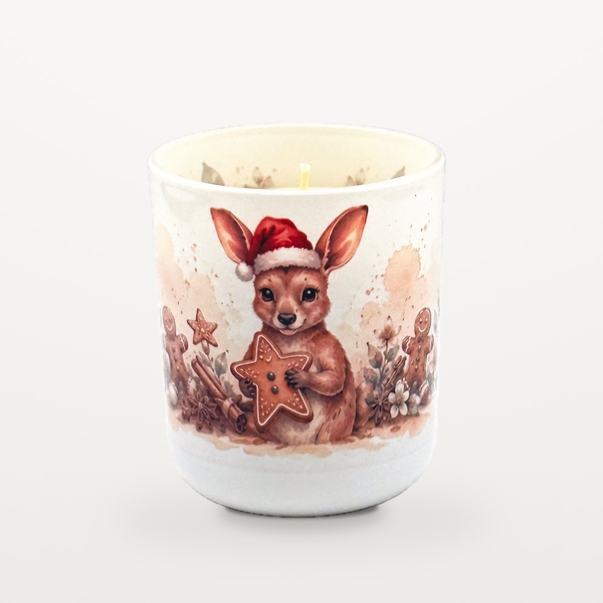 Kangaroo – Hansel &Amp; Gretel'S 2 Kangaroo Hansel &Amp; Gretel'S House Candle With The Lid Off, Showing The Candle Inside And Watercolour Eucalyptus Leaves Printed Around The Inside Rim Of The Jar.