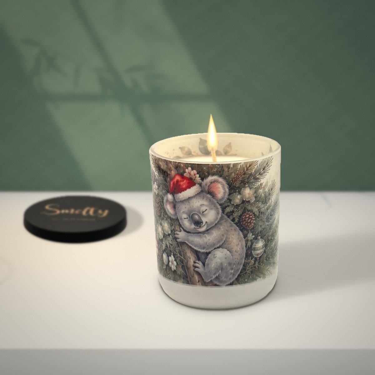 Koala – Birchwood &Amp; Pine 3 Koala Pine Christmas Candle By Smelty Styled On A Stone Benchtop In Soft Window Light