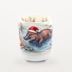 Platypus Panettone candle with the lid off, showing the candle inside and watercolour eucalyptus leaves printed around the inside rim of the jar.