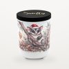 Sugar Glider – Gingerbread 6 Smelty Christmas Candle In A White Ceramic Jar With A Black Wooden Lid And Gold Smelty Logo, Printed With A Big-Eyed Sugar Glider In A Santa Hat Clinging To A Gum Branch Beside A Hanging Gingerbread Heart Ornament.
